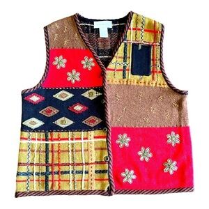 Vintage Y2K Designer Susan Bristol Sz L Hand Embroidered Ramie Patchwork Vest